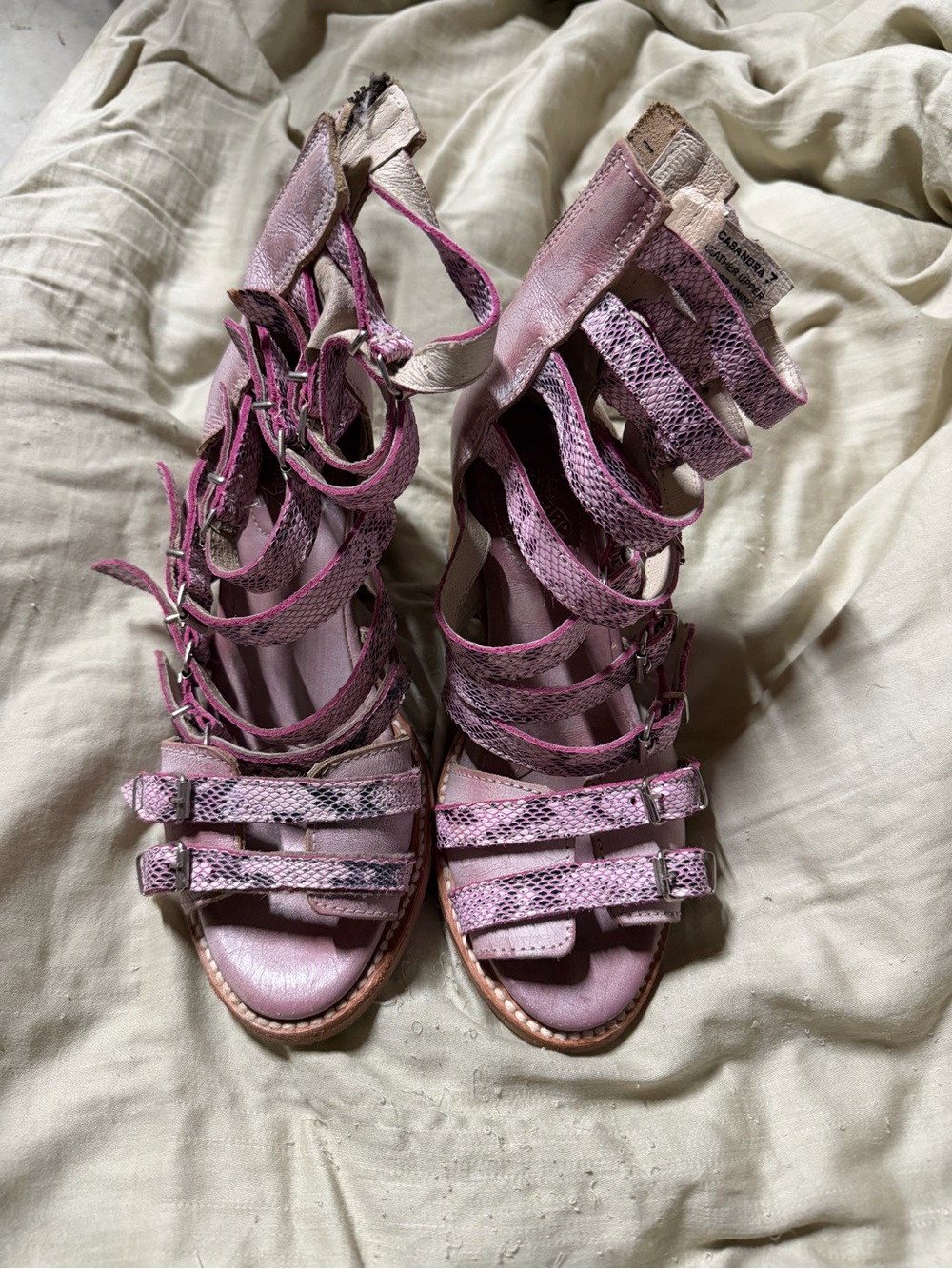 freebird Pink Strappy Snake-Print Gladiator Sandals